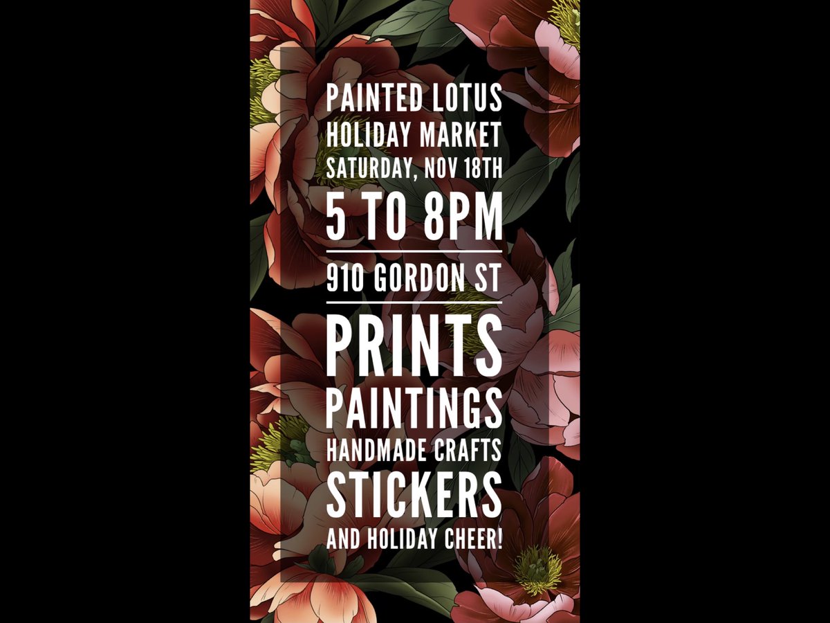 TONIGHT = Holiday Market!
5 to 8 pm @ 910 Gordon Street
Our artists have prints, stickers, paintings, jewelry, and crafts for you!
*FREE PARKING at Broughton Square Parkade (and other downtown lots!)
#paintedlotus #yyj #yyjmarket #victoriabc #downtownvictoria #supportlocalartists