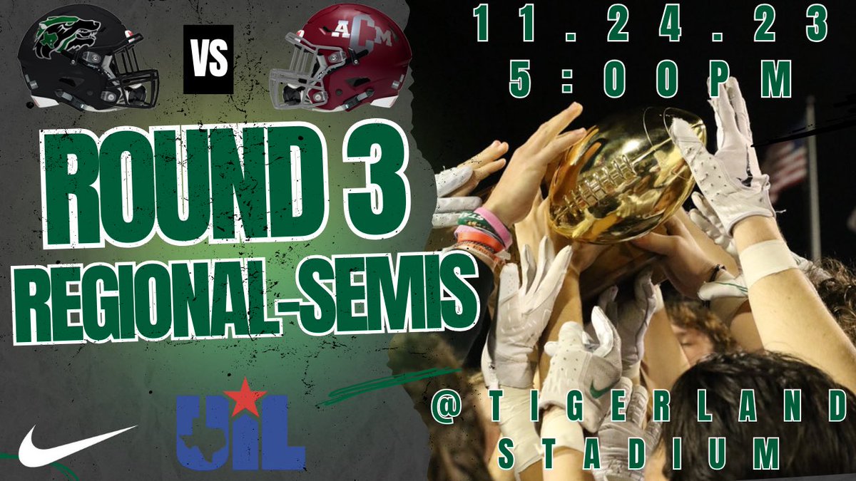 🚨ROUND 3 PLAYOFF INFO🚨
🆚 | A&amp;M Consolidated 
📅 | Friday, Nov. 24th
⏰ | 5:00 pm 
🏟 | Tigerland Stadium
#OneStandard #Attack #PartyInThePark <a href="/CoachQCPProud/">Coach Q</a> @LISD_AD <a href="/CedarParkFB/">Cedar Park Football Booster Club</a> <a href="/var_austin/">VAR</a> <a href="/statesman/">Austin Statesman</a>