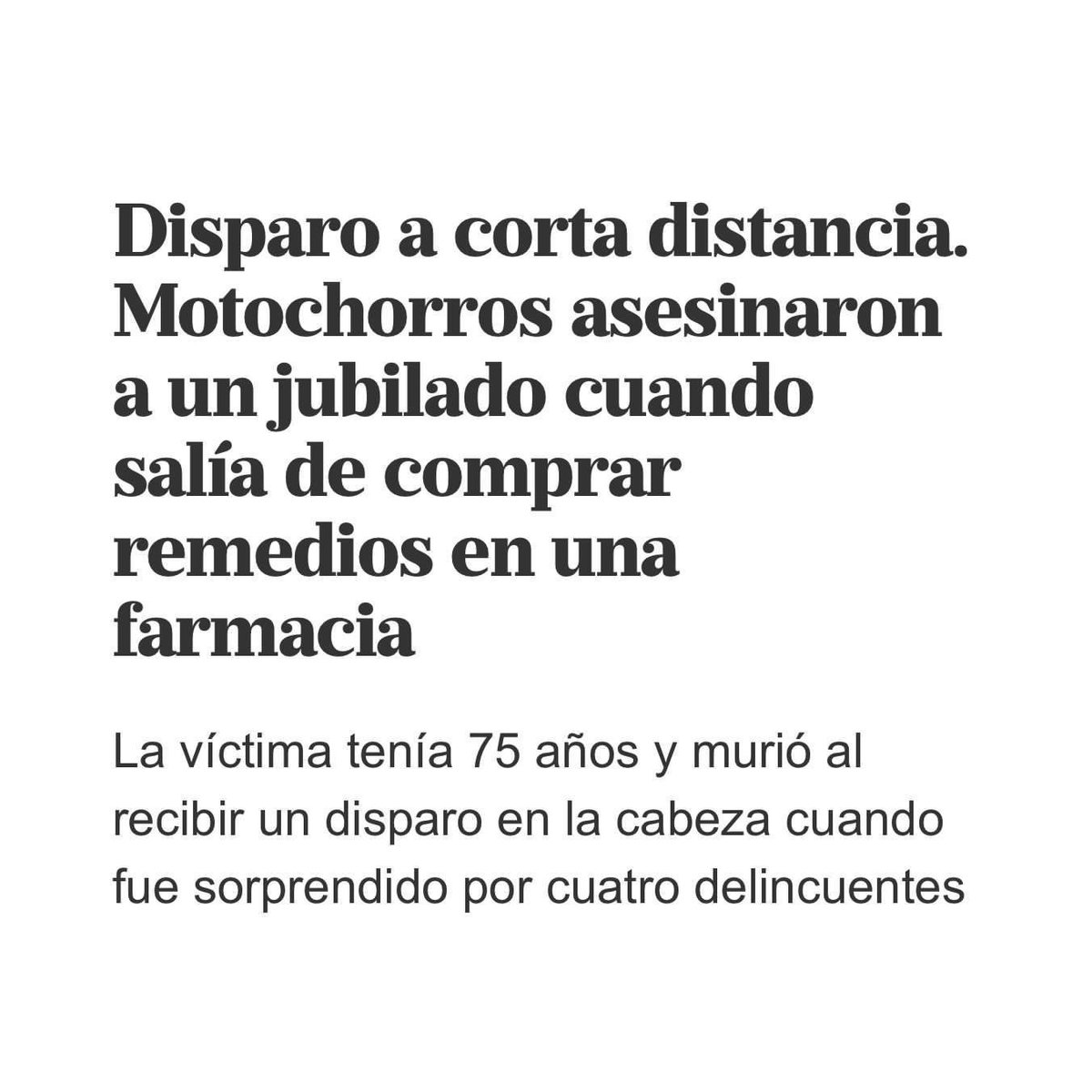 Todos los días lamentamos la muerte en este país. Es moneda corriente. No importa la edad que tengas, el Gobierno mira para otro lado.
Acompaño con dolor a la familia y seres queridos de este jubilado asesinado. ¡Ningún delito debe quedar impune! El que las hace, las paga.