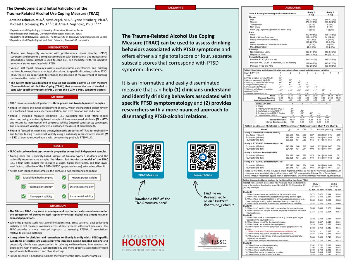 Excited to present this psychometric development work for our trauma-related alcohol use coping measure! Come by and say hello 👋🏻 or just take a look here ⬇️ #ABCT2023 #AcademicTwitter #psychtwitter