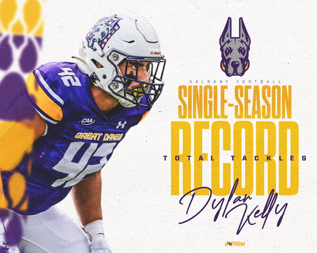 UAlbanyFootball's tweet photo. RECORD BREAKER 💥

@Dylankelly_12 now holds the UAlbany single-season record for total tackles, surpassing the previous mark of 143 set in 1974 👏

#UAUKNOW #WinTheDay 🟪🟨 https://t.co/99o6Ht7ne2