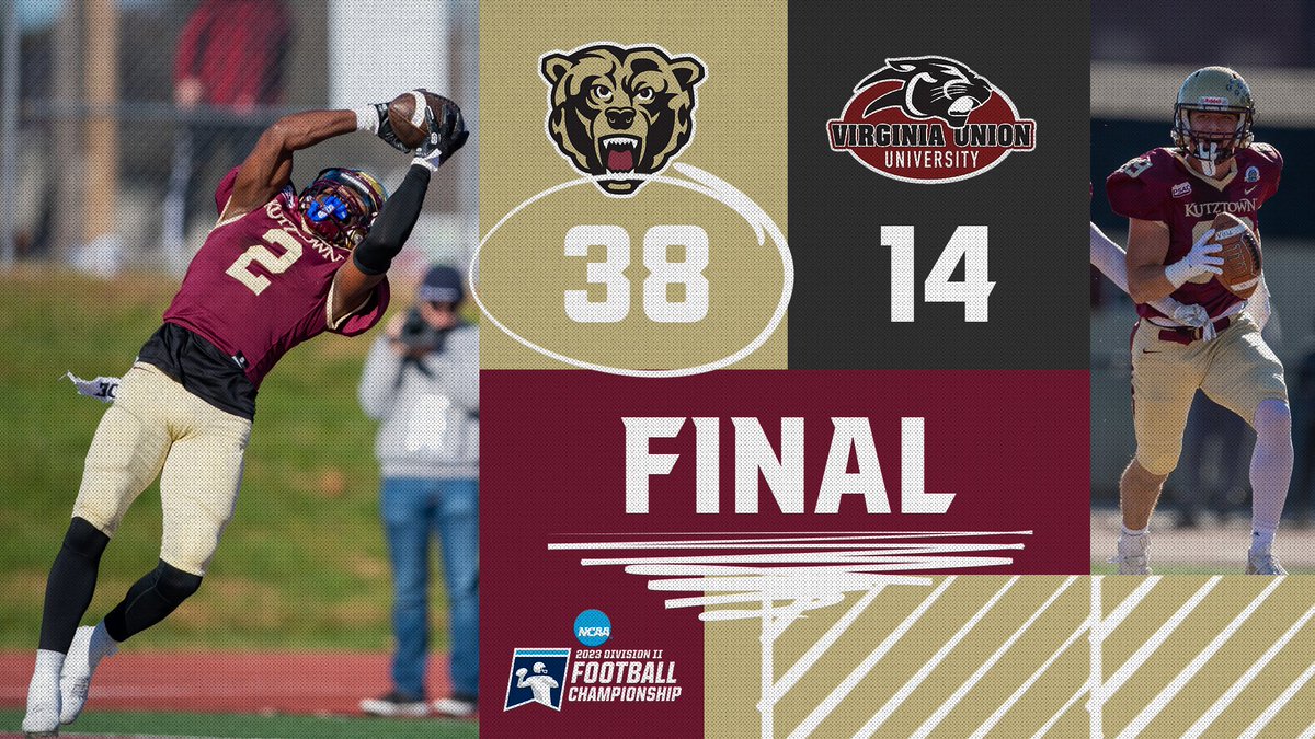 FB | FINAL | <a href="/KUBearsFootball/">Kutztown Football 🐻</a> 38, No. 13 Virginia Union 14

THE GOLDEN BEARS ARE MOVING ON! Kutztown rushed for 210 yards against the nation's top run defense, which was allowing just 37 yards per game. The Bears have won a game in three straight trips to the NCAA DII playoffs!