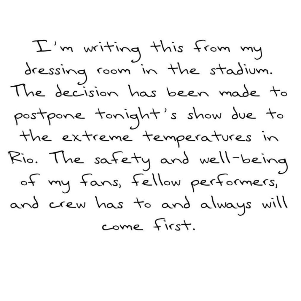 TSwiftLA's tweet photo. 🏟️ | Tonight’s Eras Tour show has been postponed due to extreme heat 

“The safety and well-being of my fans, fellow performers and crew has to and always will come first.” - Taylor 

#RioTSTheErasTour #TSTheErasTour https://t.co/8qhuWtvF47