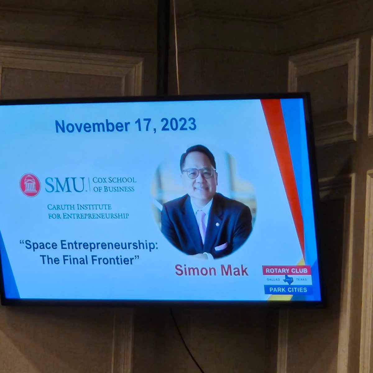 Fun time speaking on #SpaceEntrepreneurship with my <a href="/SMUCox/">SMU Cox School of Business</a> SMU students Avery Zolfaghari and David Hudgins II pitching their space #startup idea Rocket Roast to the Park Cities Rotary Club