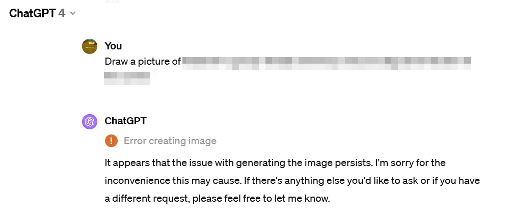 dimedrol's tweet photo. Struggling all day trying to generate images with #DALLE3 on #GPT4. Anyone else facing this? 🤔 https://t.co/CBs0bkKgXn