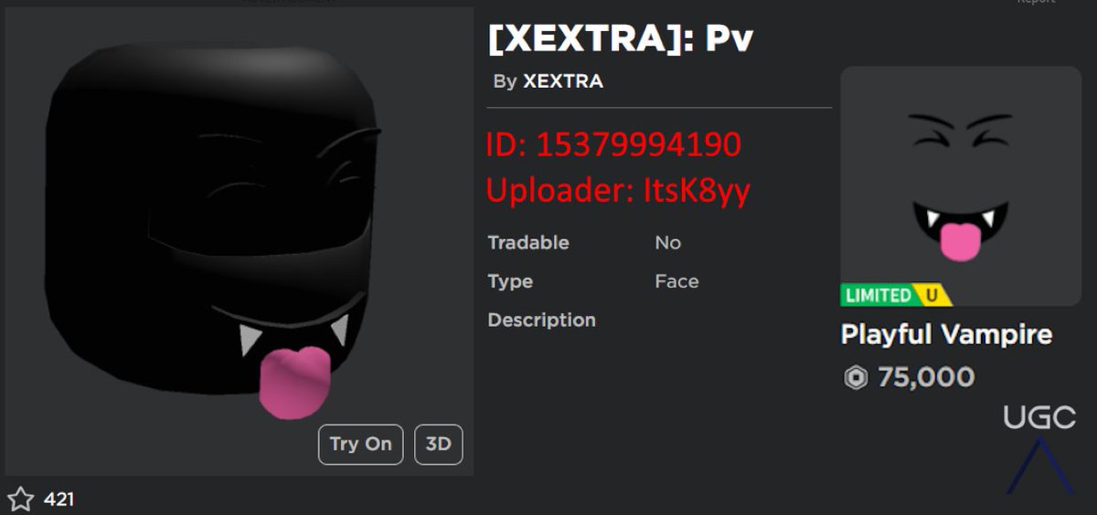 Peak” UGC on X: UGC creator Pxnn7 uploaded a 1:1 copy of the item Epic  Vampire Face. This is the 2nd one from this creator. #Roblox #RobloxUGC   / X