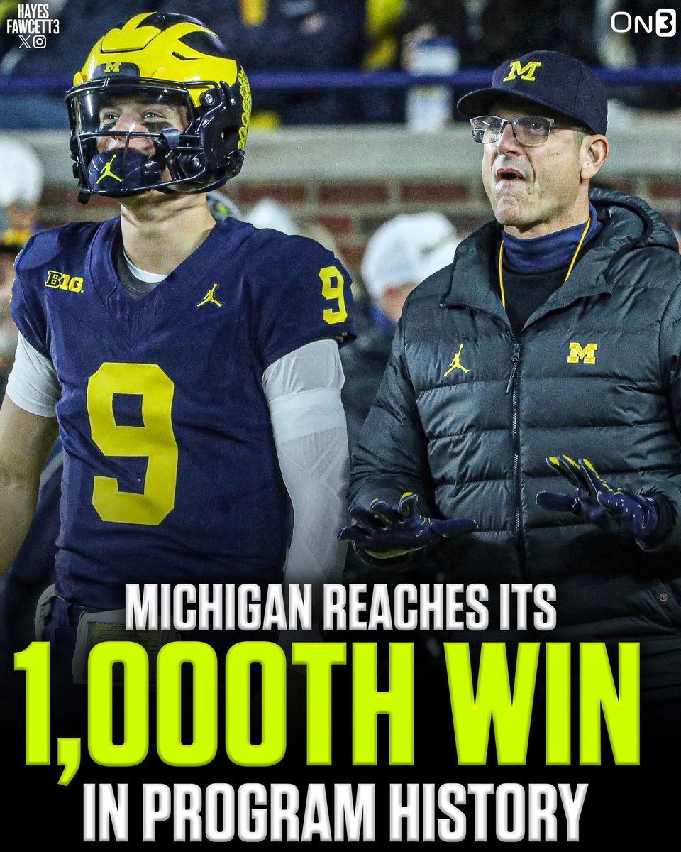 Hayesfawcett3's tweet photo. With Michigan’s win over Maryland, the Wolverines become the first program to reach 1,000 Wins 〽️

No football team, at any level, has more wins:

Michigan Wolverines (NCAAF): 1,000

Valdosta (HS): 951

Green Bay Packers (NFL): 793 https://t.co/qMxrLQCDyE