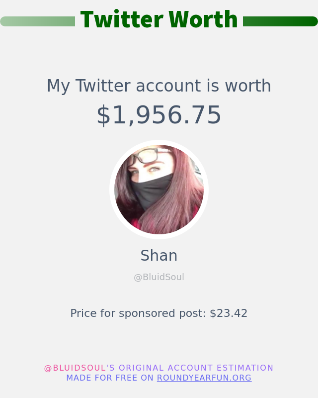 BluidSoul's tweet photo. My Twitter worth is: $1,956.75

➡️ https://t.co/Y9CRPIP3yz https://t.co/befbQCHYRZ