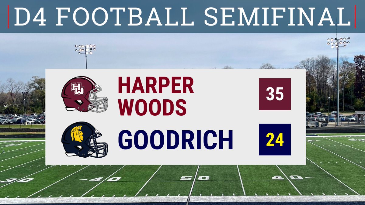 MHSAA's tweet image. 🏈D4 FOOTBALL SEMIFINAL FINAL SCORE:
Harper Woods 35
Goodrich 24
@HW__Football Congrats to the Pioneers! Harper Woods will play GR South Christin next Saturday in the D4 Final! 
#finalsbound #congrats #football #MHSAA