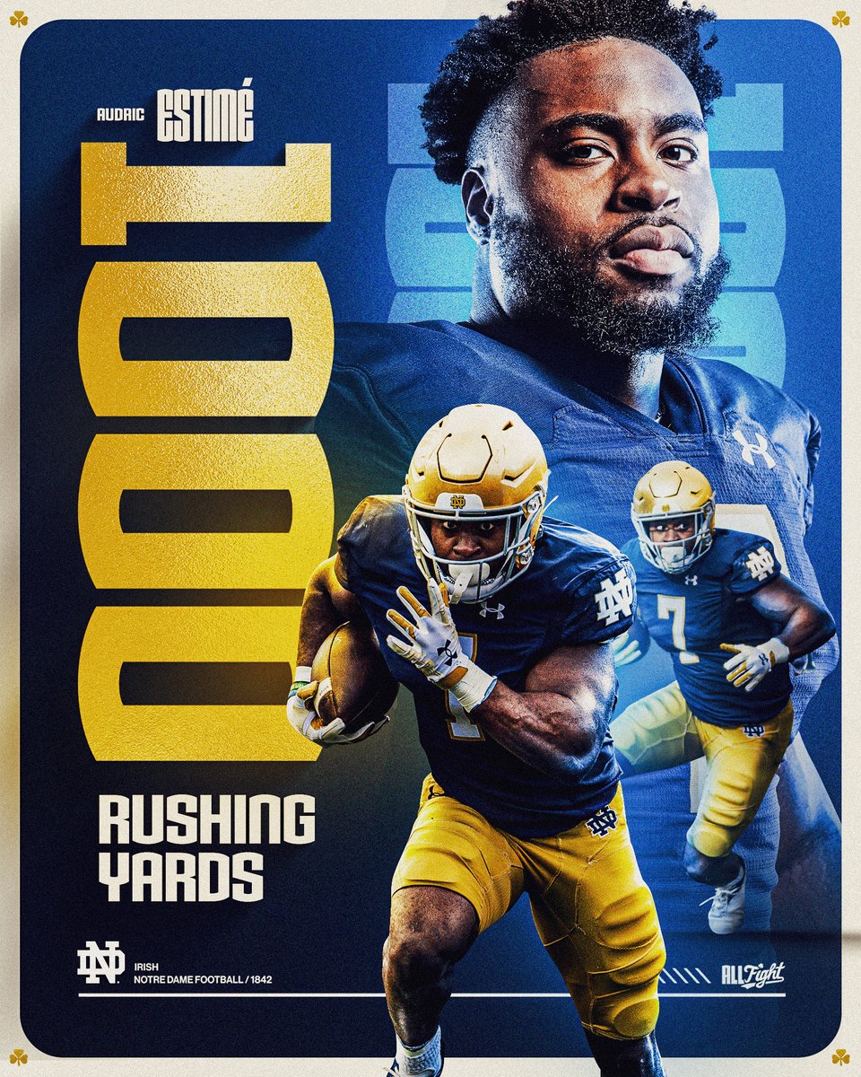 1️⃣0️⃣0️⃣0️⃣ rushing yards this season for @AudricEstime #GoIrish☘️