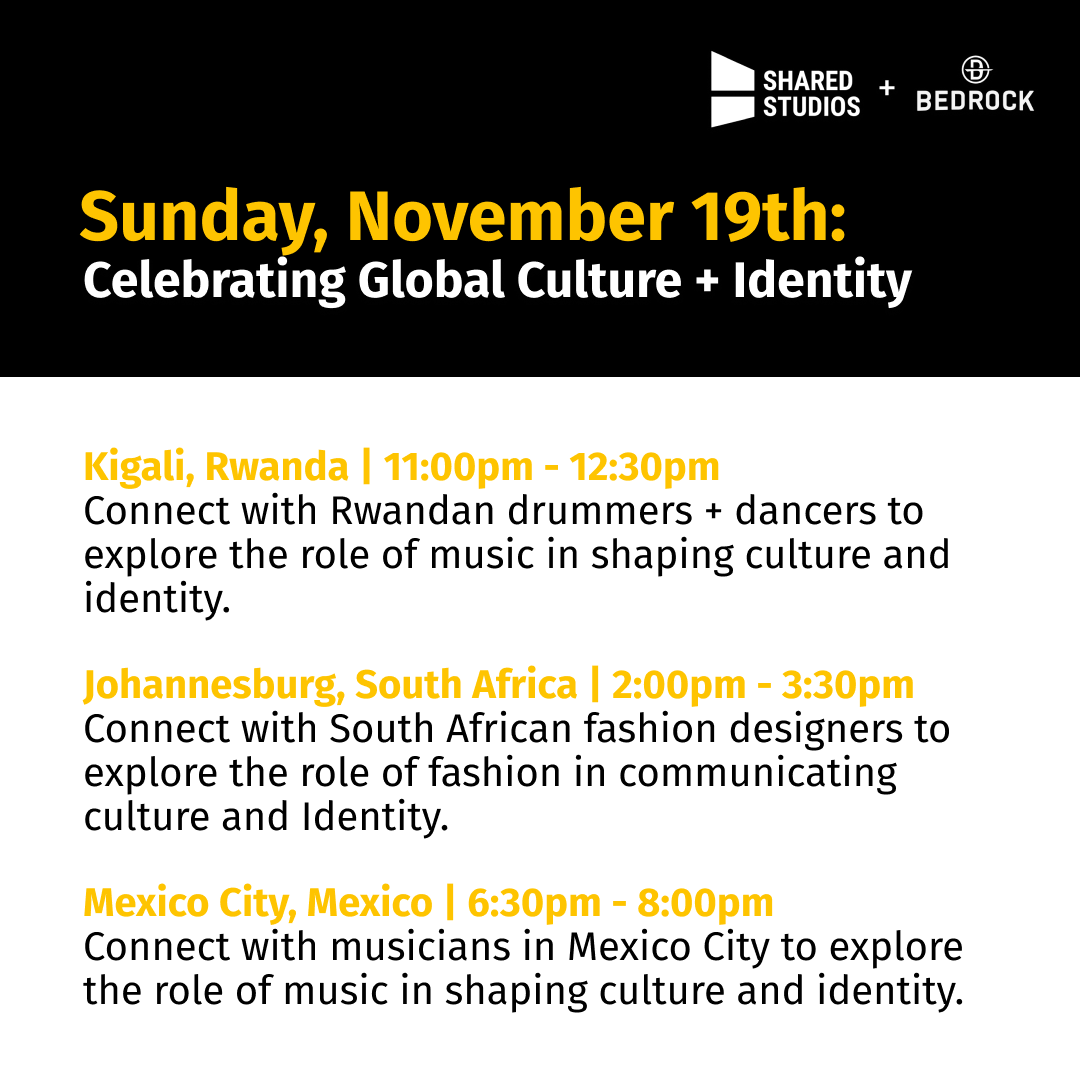 For the remainder of Week 1, we're experiencing the Global Holiday Tour and celebrating global culture through community conversations. Don't forget to check out our first Global Dance Party with DJ Zashimi today! (2/2)

#SharedStudios #BedrockDetroit