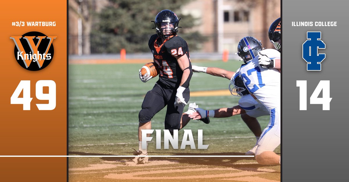 Knights win! 🔥

No. 3/3 Wartburg 49, Illinois College 14. 

Nile McLaughlin: 252 yards, 3 TDs.
Hunter Clasen: 131 yards, 1 TD
Dawson Rud: 125 yards, 1 TD
Carter Henry: 115 yards, 2 TDs
Jordan Downing &amp; Mac Watts: 6 tackles