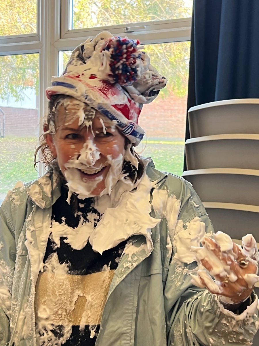 MrsBonTweets's tweet photo. Couple of pics from ‘pie the teacher’ for Children in Need yesterday 🤣🤣🤣🤣🤣Absolutely brilliant fun and raised over £350!!! https://t.co/d0jw42EMes