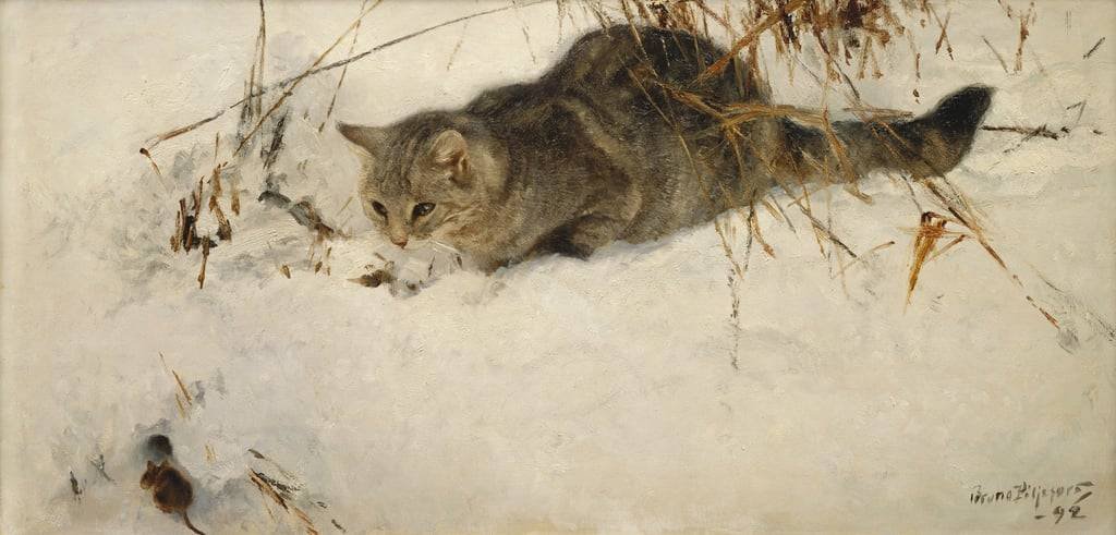Bruno Liljefors - A Cat Stalking a Mouse in the Snow (1892) petermorwood.tumblr.com/post/734348559…