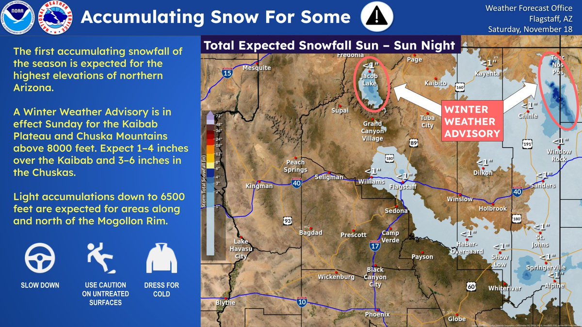 NWSFlagstaff's tweet photo. Heads up! ⚠️ A Winter Weather Advisory is in effect tomorrow for the Kaibab Plateau and Chuska Mountains above 8000 feet. Expect 1–4" over the Kaibab and 3–6" in the Chuskas. Lighter accumulations are forecast down to 6500 feet for areas along and north of the Mogollon Rim. #azwx https://t.co/oaeaJmajFZ