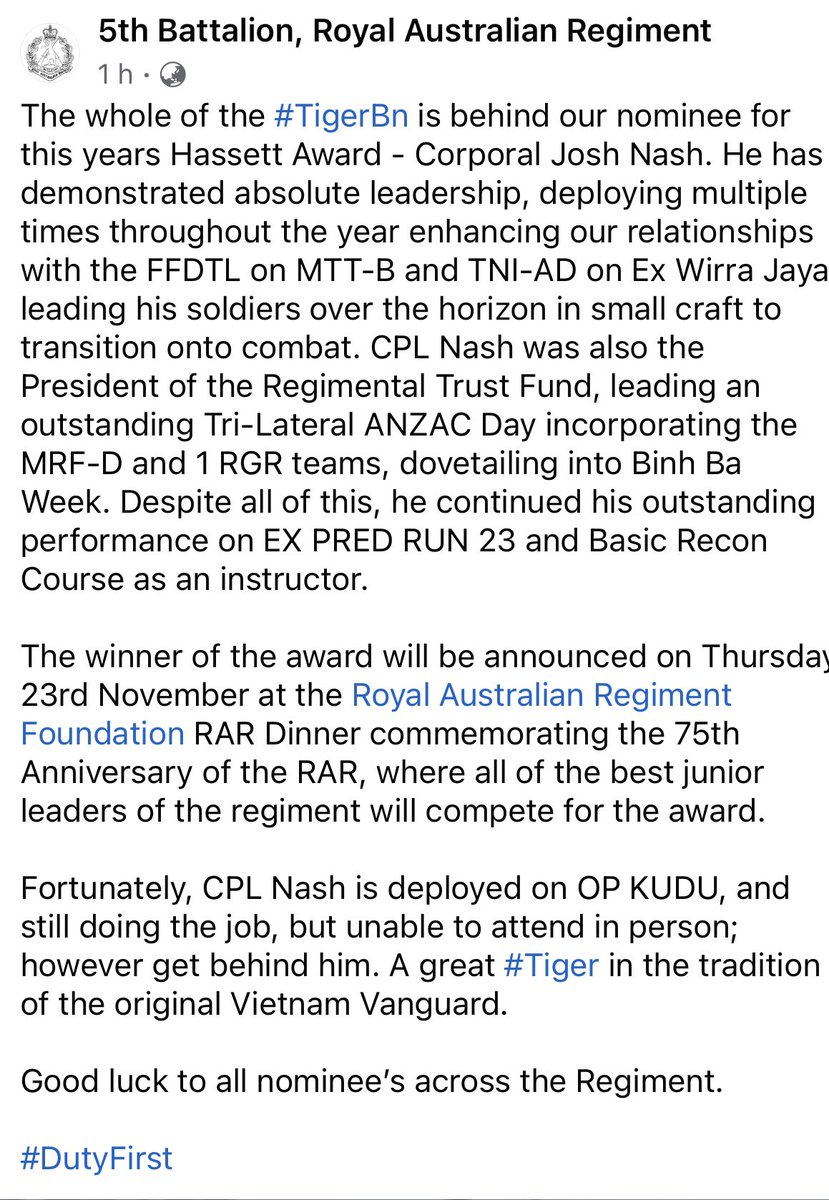cdpg1984's tweet photo. It is great to have CPL Josh Nash in the running for this years #HassettAward. A great young leader, and currently in the UK training Ukrainian recruits. Just an example of all of great men and women serving in the Regiment #DutyFirst https://t.co/aF0CjMyphC