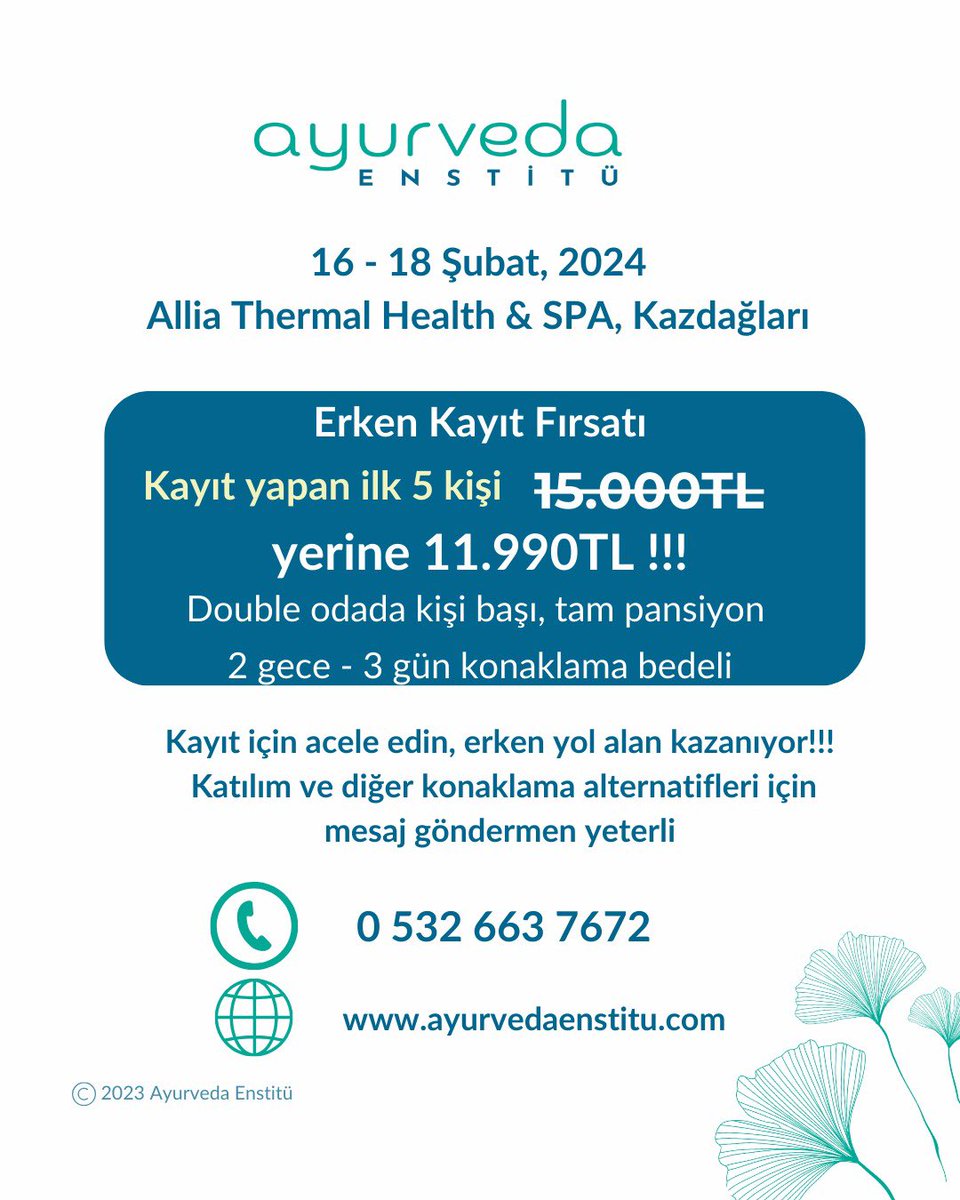 Ayurveda Enstitü - Hande Mistili (@rego_now) on Twitter photo Tarih ve Yer: 16 – 18 Şubat 2024, Alli Thermal & SPA Hotel, Kazdağları
KAÇIRMA ⏰ ilk kayıt olan 5 kişi 15.000TL yerine 11.990TL ödüyor…
Detaylı bilgi için: 0532 663 7672 veya bilgi@ayurvedaenstitu.com dan bize ulaşabilirsin.
Unutma, kontenjan limitli, 15 oda Tarih ve Yer: 16 – 18 Şubat 2024, Alli Thermal & SPA Hotel, Kazdağları
KAÇIRMA ⏰ ilk kayıt olan 5 kişi 15.000TL yerine 11.990TL ödüyor…
Detaylı bilgi için: 0532 663 7672 veya bilgi@ayurvedaenstitu.com dan bize ulaşabilirsin.
Unutma, kontenjan limitli, 15 oda