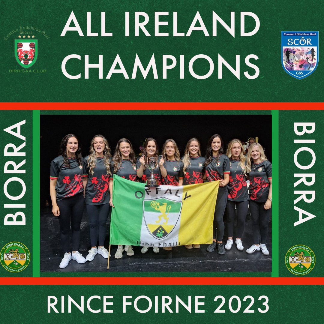 Comhghairdeas to the <a href="/BirrCLG/">Birr GAA</a> Figure Dancers 

The girls from Birr have won the Rince Foirne and are the All-Ireland Champions for 2023.

A massive achievement after years of hard work and dedication. Congratulations to Tara Seguin, Sarah Cooke,
Eimear Teehan, Kathy Dermondy,
