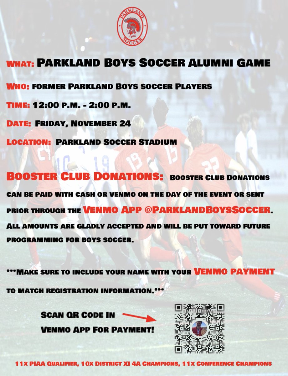 Join us on Friday November 24th for our Alumni game from 12-2pm @ Parkland Soccer Stadium! We are accepting any donations to help continue building our program. See the flyer for more info!