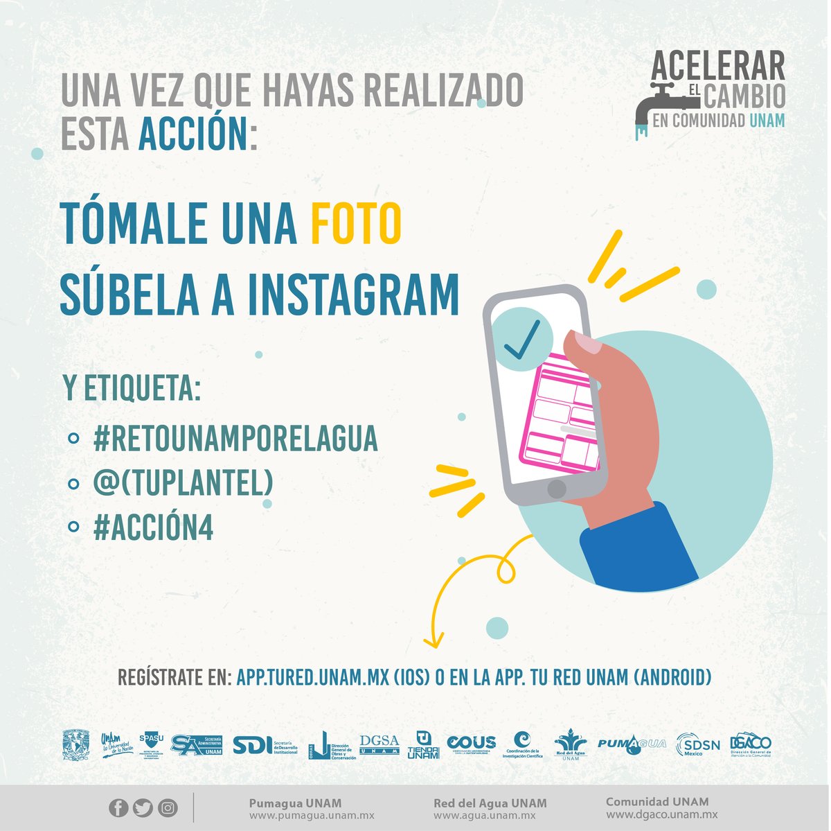 💧#RetoUNAMPorElAgua #Acción4 #PagoPuntualReciboDelAgua🧾
¡#PUMAS, en la #GestiónSostenible del #Agua, con pequeñas acciones individuales podemos contribuir a #AcelerarElCambio! ¡Chequen el dato y lleguemos junt@s a la meta!
¡Regístrense ya! retoagua.unam.mx