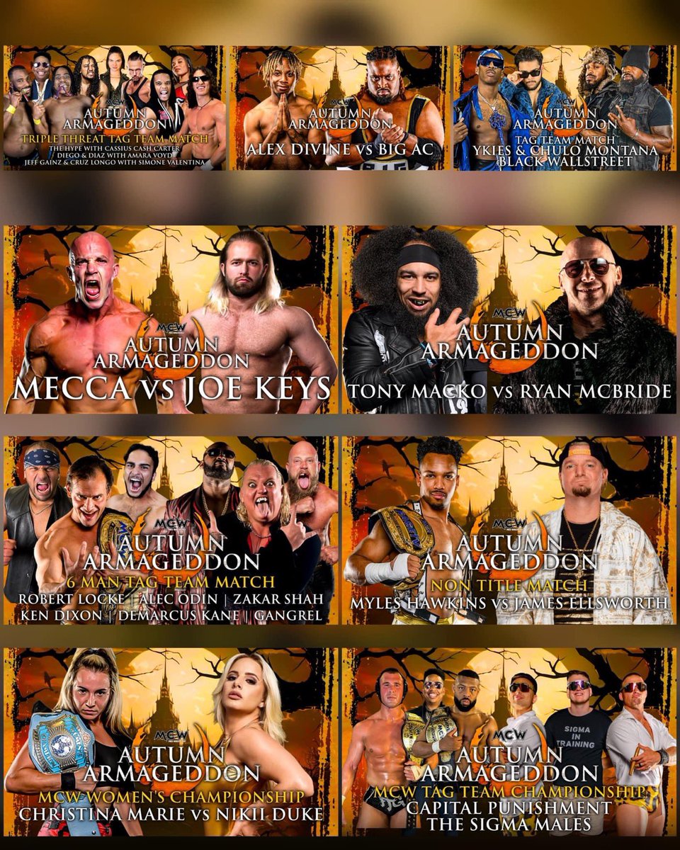 🚨LIVE PRO WRESTLING TONIGHT🚨
MCW @ VFD Ridgely, MD 
for the 1stTimeEver! It’s #MCWAutumnArmageddon w/a Stacked Card ft GANGREL, Ken Dixon, THE MECCA, Robert Locke, Capital Punishment, Lady Wrestlers of #MCW, & many more!
6:30 doors 7:30 belltime! 
TIX🎟️🎟️linktr.ee/mcwprowrestling