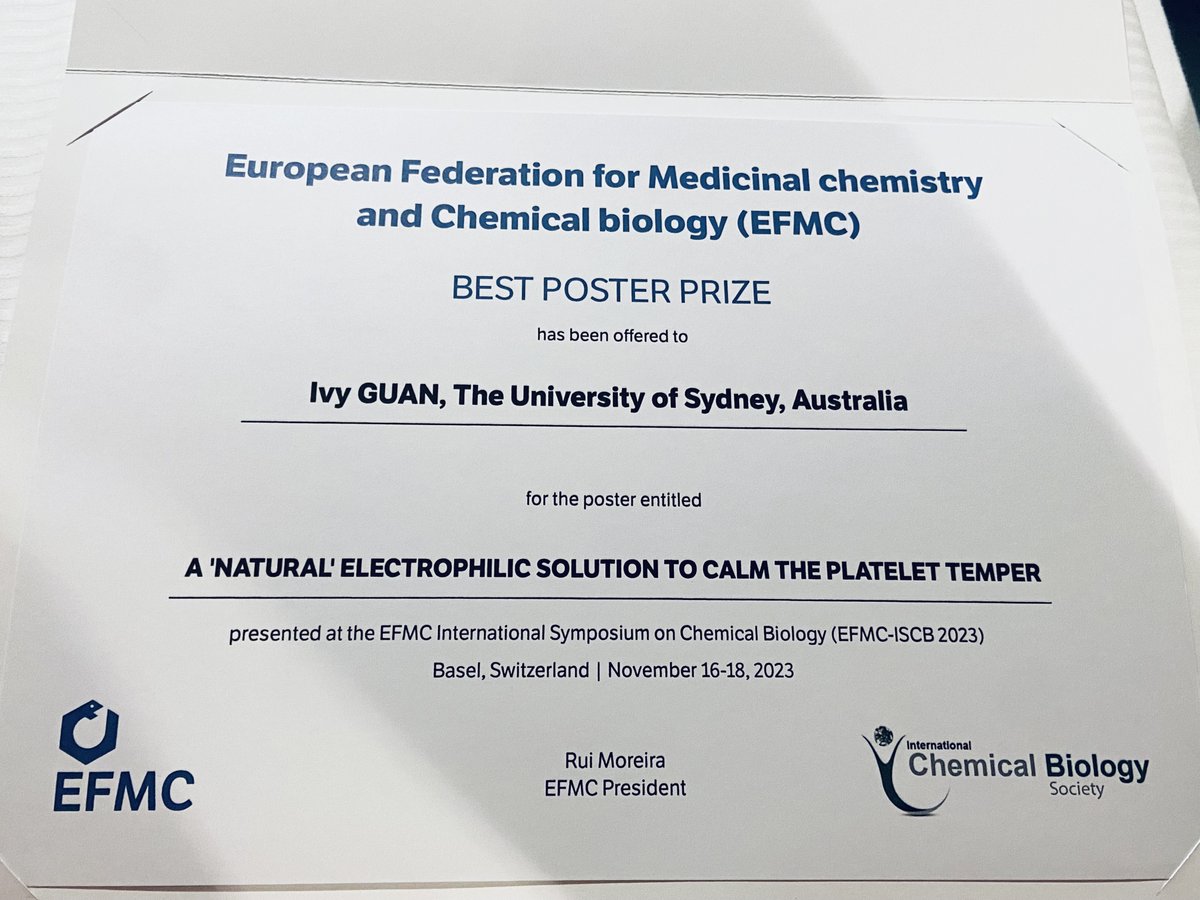 It has been a wonderful 3-day conference at Basel, Switzerland #EFMCISCB2023 !!! We are proud to have @AKaylaWilliams and @IvyGuan_Usyd presented their research at the conference, and big congratulations to Ivy for winning the best poster prize!🥳🥳🥳 @EuroMedChem