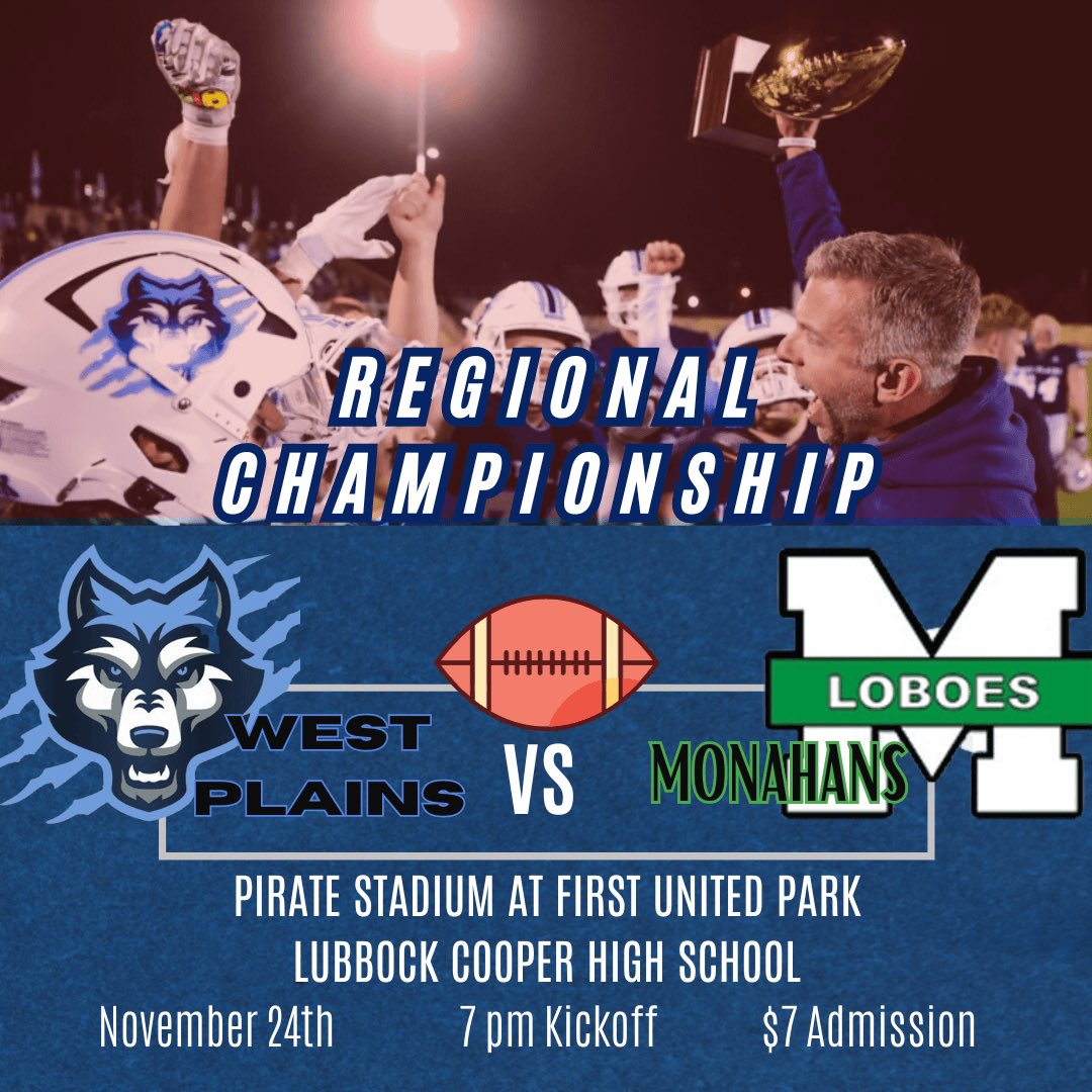 WPHSbooster's tweet photo. Skip the 🦃 leftovers on Friday and head to Lubbock! We need the Wolfpack there!! Let’s get another one boys!! 🏈 🏆 @WPlainsFB https://t.co/8DWNn3gbBU