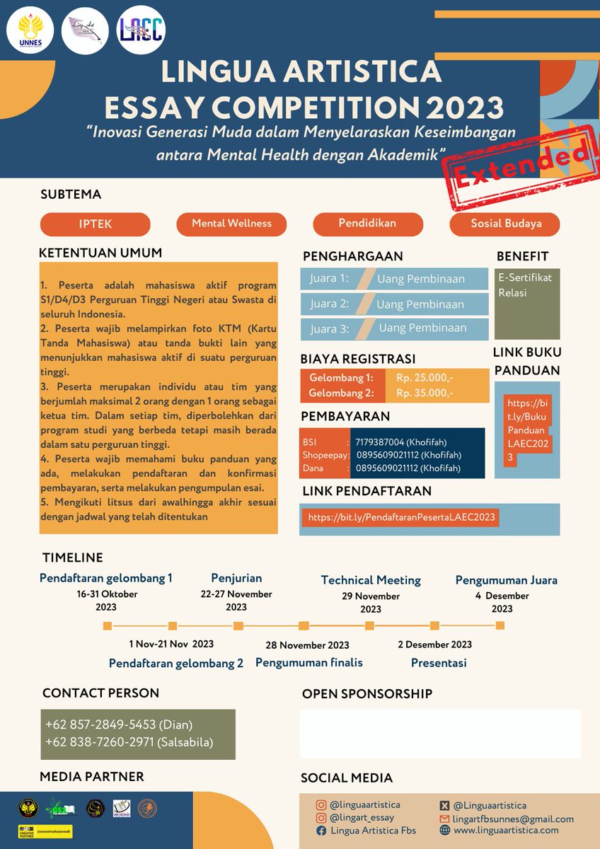 📢PENGUMUMAN📢
LAEC 2023: "Pendaftaran dan pengumpulan esai Gelombang 2 diperpanjang!"
🙋: "Diperpanjang sampai kapan, nih?"
LAEC 2023: "19-21 November 2023. Ayo yang belum daftar dan submit karya, buruan, masih ada kesempatan!"
🙋: "Ashiappp."