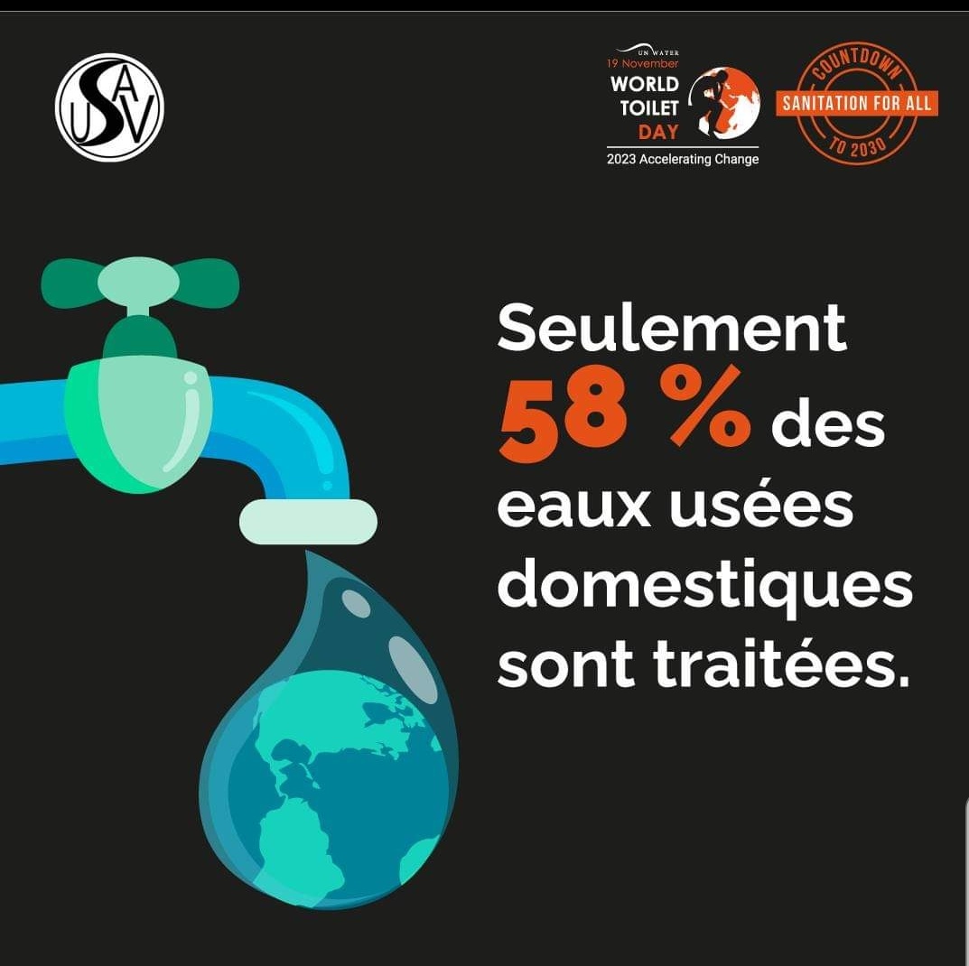 Seulement 58 % des eaux usées domestiques sont traitées en toute sécurité avant leur rejet dans l’environnement, ce qui pollue l’eau potable et les écosystèmes. 
Investir dans les sanitaires contribuera à créer un monde plus sûr et plus durable.
#JournéeMondialeDesToilettes #usav