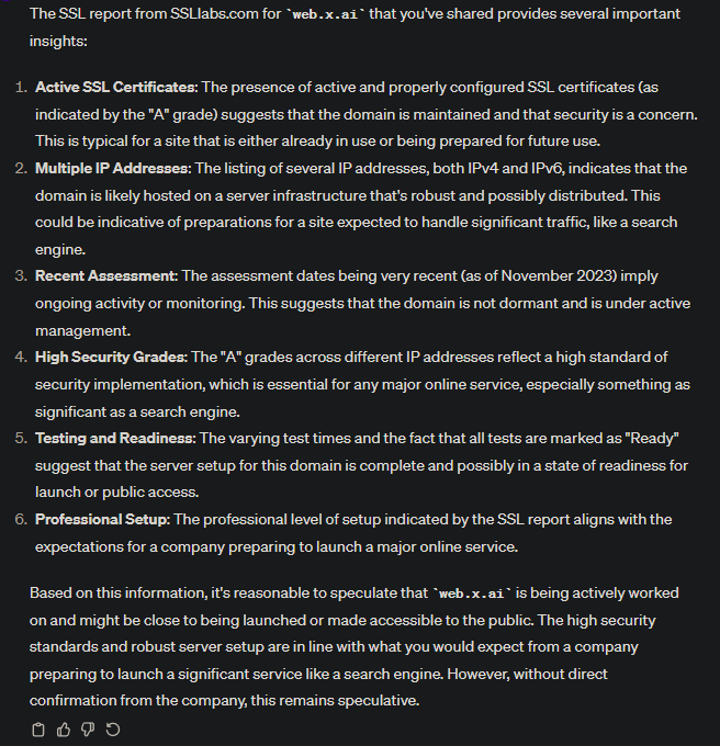 SultanofStacks's tweet photo. MORE bullish info about the https://t.co/ywxbgtzmYL website.

Fed ChatGPT the https://t.co/q0w1oPrAdw info for the site, and it finds that it's not an internal site used for testing only or something like that. It's a site they are expecting "SIGNIFICANT TRAFFIC" because of the IPv4 and IPv6 IP addresses.

This is going to be a public-facing website hosting a service (search engine)

$WEB knows what's coming. Don't wait until the news drops..