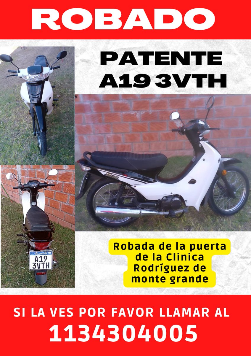 libresdelsuree's tweet photo. 🚨 URGENTE 🚨
MOTO ROBADA
SI LA VE, COMUNÍQUESE EN EL TELÉFONO 👇🏼 https://t.co/F438fBFbCa