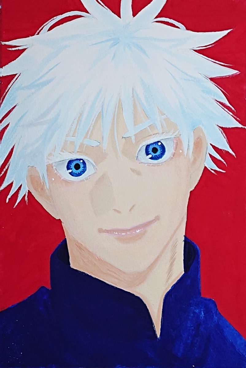 gojou satoru 1boy white hair male focus blue eyes solo red background looking at viewer  illustration images