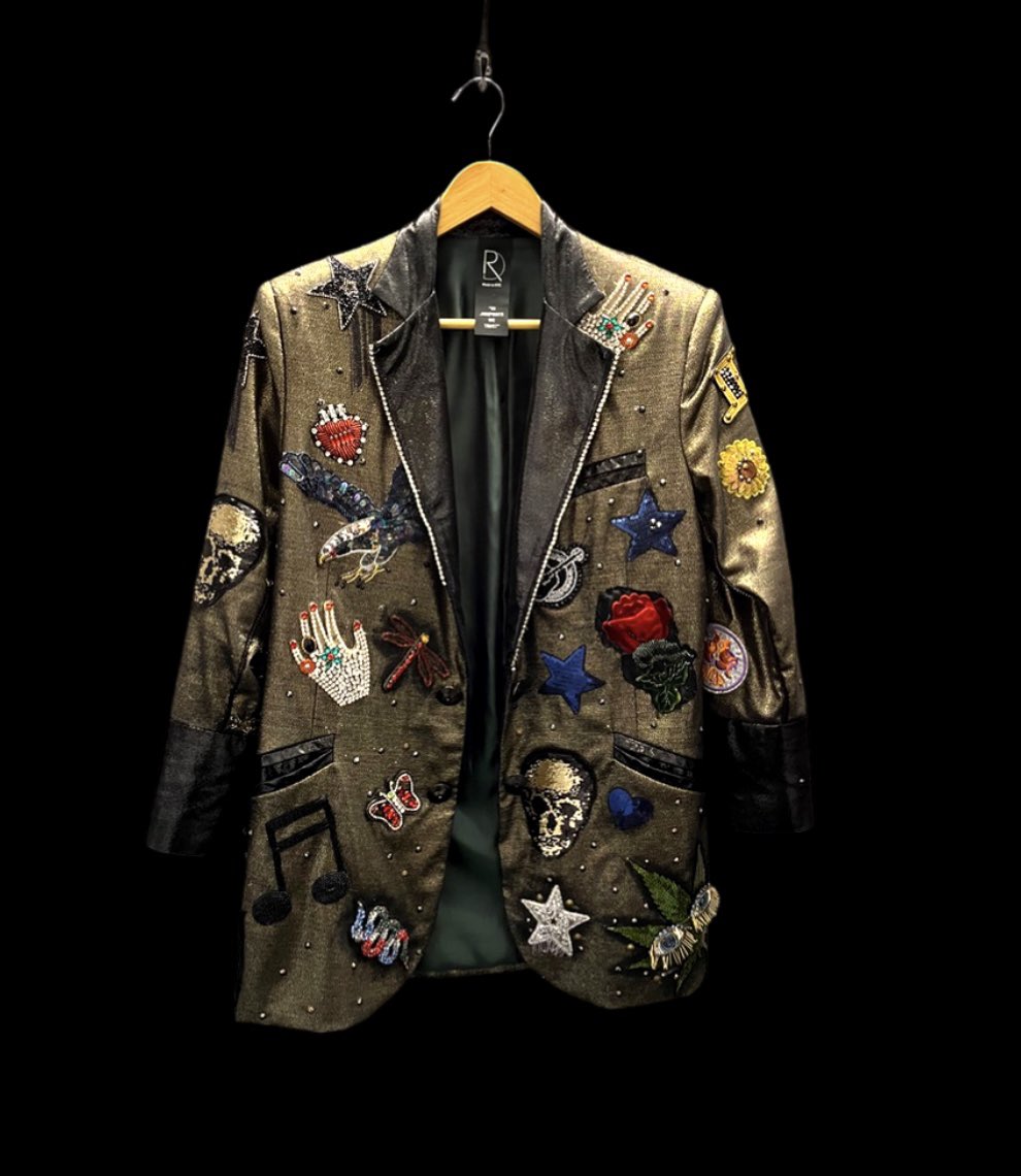 AndreaLauer's tweet photo. The Fame Jacket - an emblematic map of Melissa’s Journey handcrafted one patch and story at a time. What a thrill to be a part of thee journey. @metheridge #Designer #stylist https://t.co/W4bi6QrZys