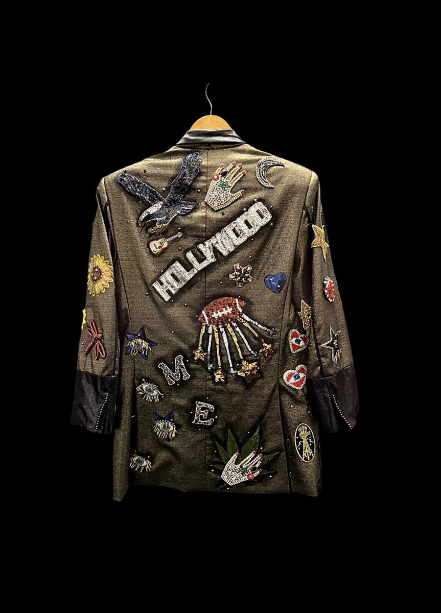 AndreaLauer's tweet photo. The Fame Jacket - an emblematic map of Melissa’s Journey handcrafted one patch and story at a time. What a thrill to be a part of thee journey. @metheridge #Designer #stylist https://t.co/W4bi6QrZys
