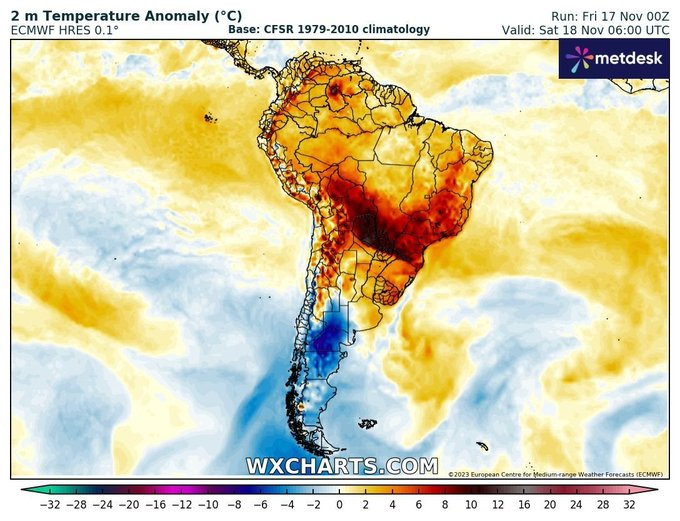 extremetemps's tweet photo. Historic day in BRAZIL 🇧🇷
43.1 Coronel Pacheco (Minas Gerais)
42.6 Rio de Janeiro-Seropedica (highest in November)
TMIN 25.0 Sao Paulo -2nd highest ever
ALL TIME HIGHS
42.3 Xerem
41.8 Alegre
41.7 Governador Valadares
41.2 Muriae

5 Nov 40.2 Caico ALL TIME HIGH RIO GRANDE DO NORTE https://t.co/eCSmhNSavh