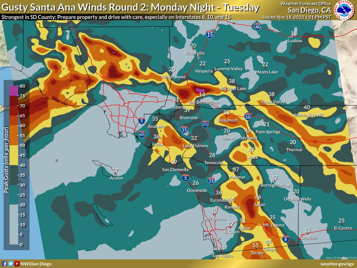 NWSSanDiego's tweet photo. ⚠️ Strong Santa Ana Winds Incoming ⚠️

Gusty north and east winds will occur Sunday night through Tuesday. Take a look at our video update from our weather office to see the latest forecast and how you can stay safe: https://t.co/cAhAsI9hiX #CAwx https://t.co/IWJNs65fqJ