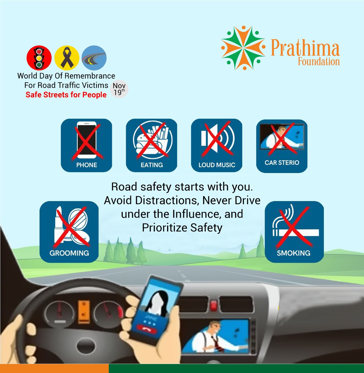 Road safety starts with you. Avoid Distractions, Never Drive under the Influence, and Prioritize Safety

#RoadSafetyRemembrance #RememberingRoadVictims #RoadSafetyAwareness #RoadSafetyMatters #InMemoryOfRoadVictims #trending #trendingnow #prathimafpundation #prathima #PF