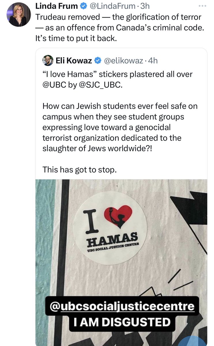 mbueckert's tweet photo. Someone is putting up “I love Hamas” stickers at UBC and falsely attributing them to @SJC_UBC. The people falling for this moronic and obviously fake smear are willing to believe ANYTHING about Palestine supporters. https://t.co/Gybxf0h1AR