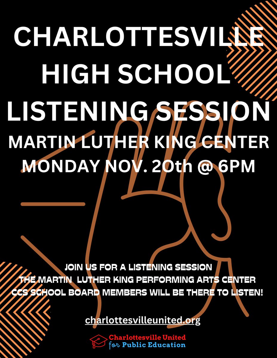 Join us for an open, constructive dialogue in support of CHS students and staff. Monday 6pm MLK Performing Arts Center. <a href="/CvilleSchools/">Charlottesville City Schools</a> <a href="/CHSBlackKnights/">Charlottesville High School</a> #Cville charlottesvilleunited.org/chs-listening