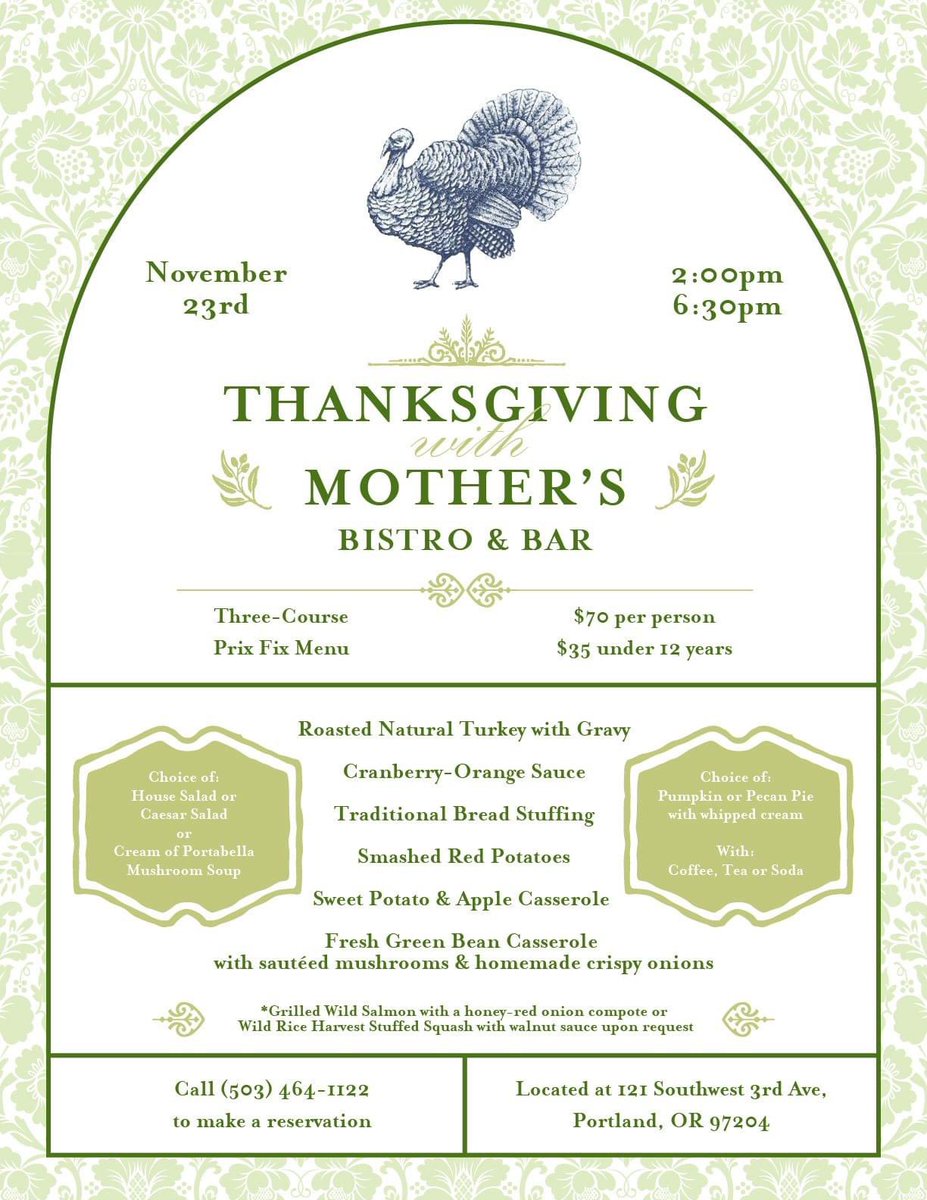 MothersBistro's tweet photo. Still a few spaces left for Thanksgiving dinner! Free Valet Parking, too!
#thanksgivingdinner #comfortfood #Motherfood #youshouldeatsogood #itsallaboutthelove #freevalet #Pdxeats #TravelPortland #TravelOregon #onlydowntown https://t.co/vONiHiEalu