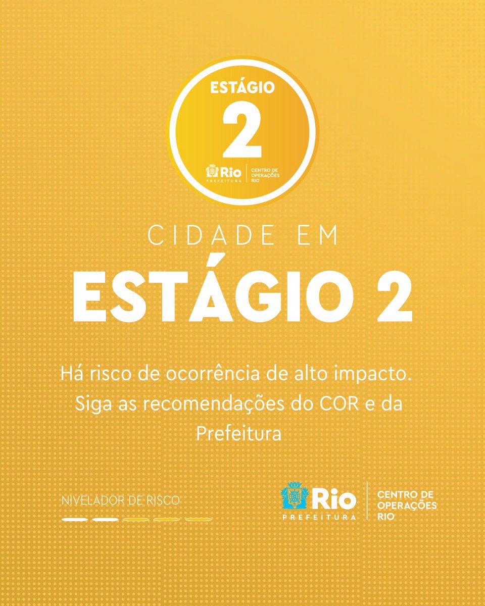 OperacoesRio's tweet photo. MUNICÍPIO DO RIO ENTROU NO ESTÁGIO 2 ÀS 19H50 DESTE SÁBADO (18/11)

O Centro de Operações da Prefeitura do Rio informa que o município do Rio de Janeiro entrou no ESTÁGIO 2 às 19h50 deste sábado, dia 18 de novembro de 2023, devido à previsão de chuva moderada a forte nas próximas 3 horas.