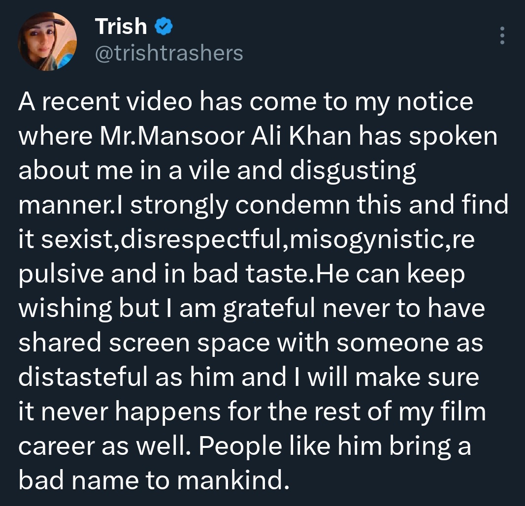 Varun_S1426's tweet photo. #MansoorAliKhan should ask heartfelt APOLOGY to @trishtrashers 😡 for his speech.....

This kindaaa speech need to be stopped 💯

I Really Appreciate You @Dir_Lokesh na 🫡♥️

#WeStandWithTrisha  🤝🏻👑

#Trisha #MansoorAliKhan #LeoTeam https://t.co/1FFvyZIqh9