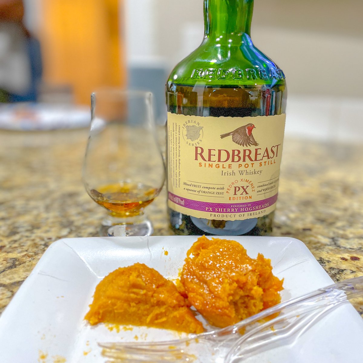 What’s in your glass? Tonight! Sweet potato corn bread and @RedbreastUS PX finish!!