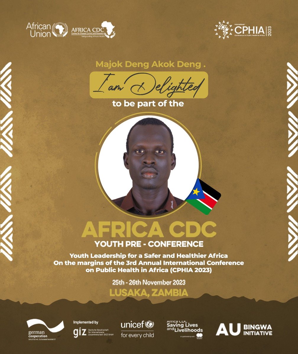 I'm Majok Deng Akok from South Sudan 🇸🇸. I'm a Global Health (Surgery) Professional. 

I look forward to discussing ways to integrate surgical care into health system in Africa at the @AfricaCDC Youth Pre-Conference-#YPC2023 happening in Lusaka, Zambia.

#YouthLeadershipInHealth