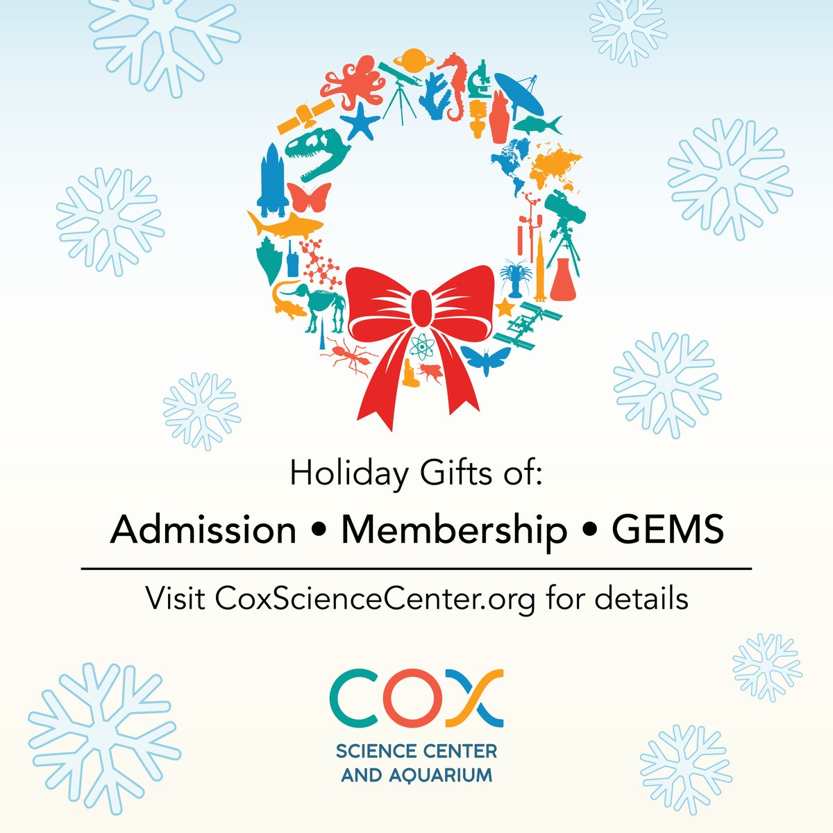 We've got your Holiday Shopping down to a Science!
Here's our holiday gift promotion for 2023
☃️ Admission- 4 tickets 25% off
❄️ Membership- Unlimited visits for one year $100-$220
🌲 GEMS- A year of GEMS for $110
*All purchases must be in person.*