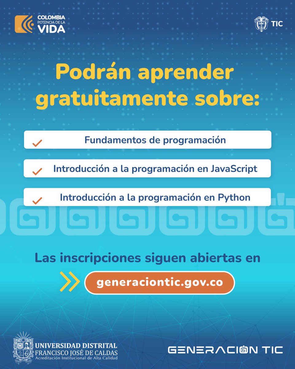 Estudiantes, si están en 10° o 11° preparen su futuro desde ya con los cursos que ofrece el <a href="/Ministerio_TIC/">Ministerio TIC</a>  sobre:

- Fundamentos de Programación 
- Introducción a la programación en Javascript y Python. 

Estos son certificados por la universidad Distrital y son gratuitos. Para