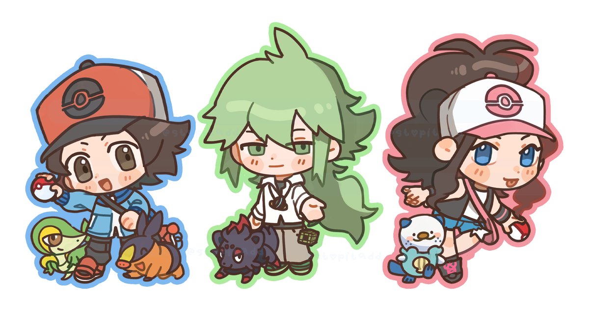 hilbert (pokemon) ,hilda (pokemon) ,n (pokemon) ,oshawott ,snivy ,tepig 1girl multiple boys hat 2boys baseball cap brown hair green hair  illustration images