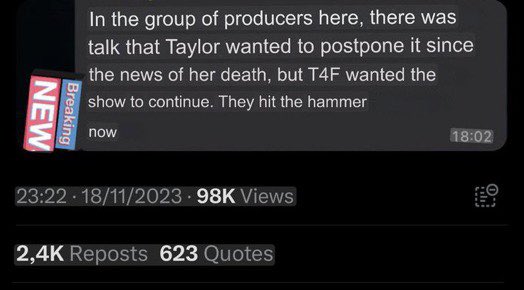 Taylorswift_ec's tweet photo. ESTO NO ES TU CULPA TAYLOR.

Al parecer Taylor y su equipo quisieron suspender el show desde ayer en la noche cuando se dio a conocer el fallecimiento de Ana.
Pero @t4f la presionó diciendo que debía hacer el show.

Además se dice que Taylor está en lágrimas. #RioTSTheErasTour https://t.co/ng7ICokR67