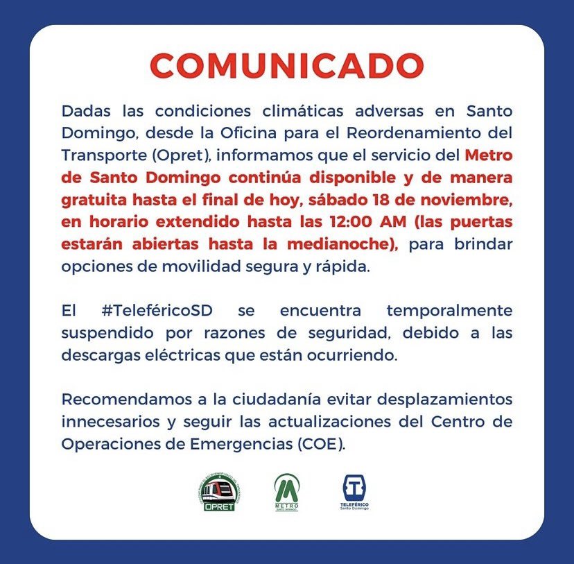 #ALERTA | La Oficina Para el Reordenamiento del Transporte (Opret), informó que el servicio del
Metro de Santo Domingo continúa disponible de manera gratuita hasta las 12:00 AM. Más noticias en acento.com.do #acento #acentodiario #acentotv #ciclon #CiclonTropical