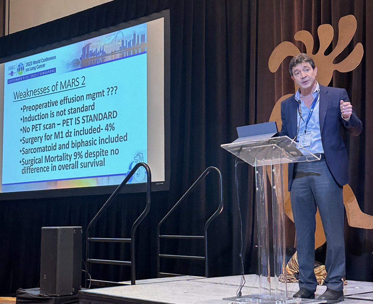 Dr. @RajaFlores offers perspective on MARS2 and surgery for mesothelioma at #MaTOS23. Concerns include the operation (“extended” pleurectomy), no PET, inclusion of sarcomatoid, and 9% 90d mortality. Do these explain the lack of survival benefit with surgery in MARS2?